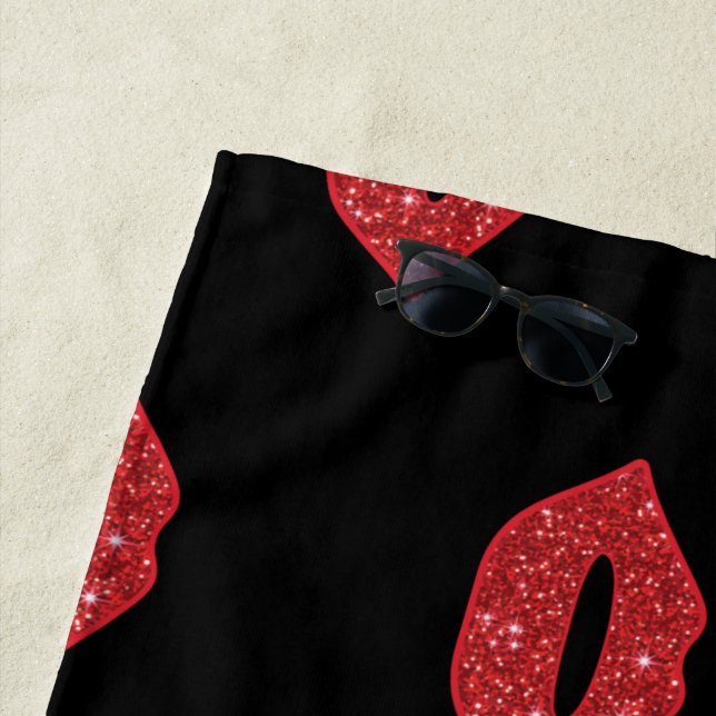 Bright Red Lips Glitter Kisses Elegant Feminine Beach Towel (In Situ)