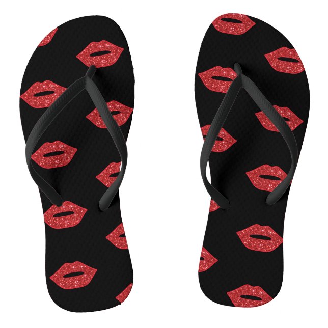 Bright Red Lips Glitter Kisses Elegant Feminine Flip Flops (Footbed)