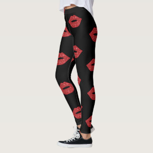 Bright Red Lips Glitter Kisses Elegant Feminine Leggings
