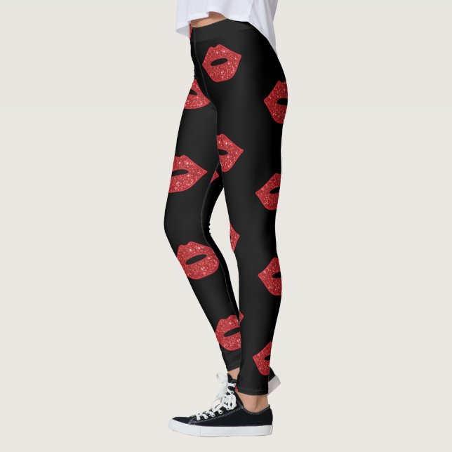 Bright Red Lips Glitter Kisses Elegant Feminine Leggings (Left)
