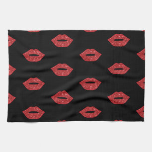 Bright Red Lips Glitter Kisses Elegant Feminine Tea Towel