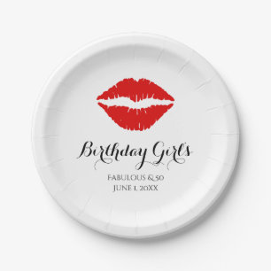 Bright Red Lipstick Fabulous & 50 Birthday Party Paper Plate