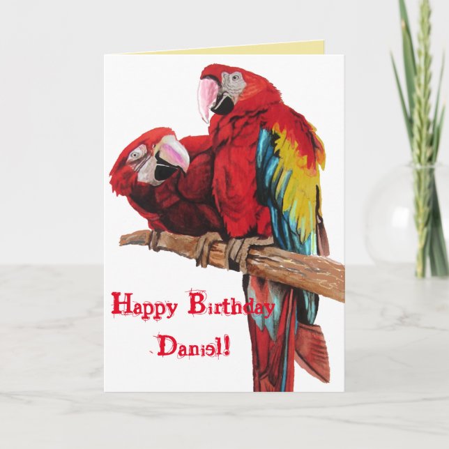 Bright Red Macaw Parrots Watercolor Birthday Card (Front)
