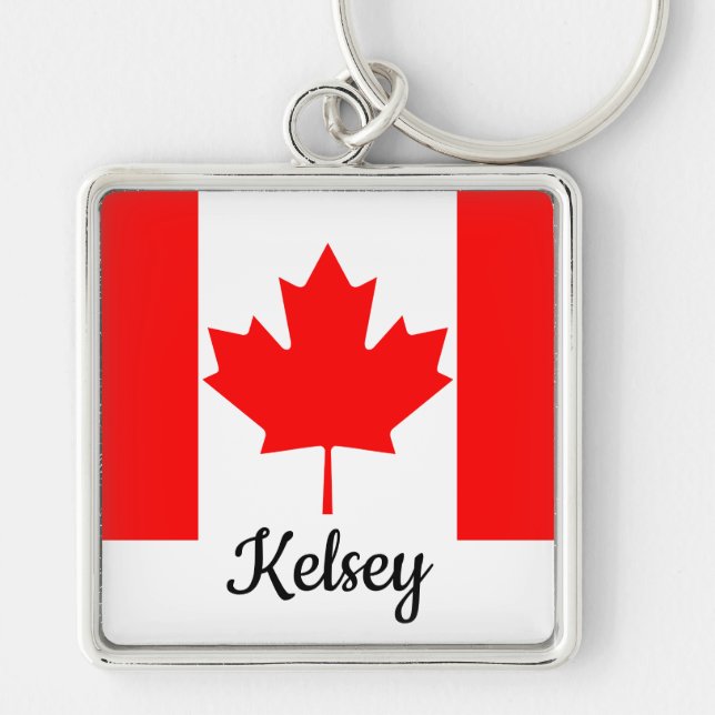 Bright Red Maple Leaf Canada Flag Custom Name Key Ring (Front)