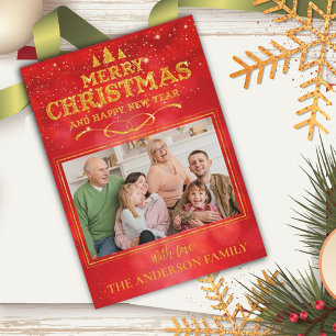 Bright Red Merry Christmas Happy New Year Photo Holiday Card
