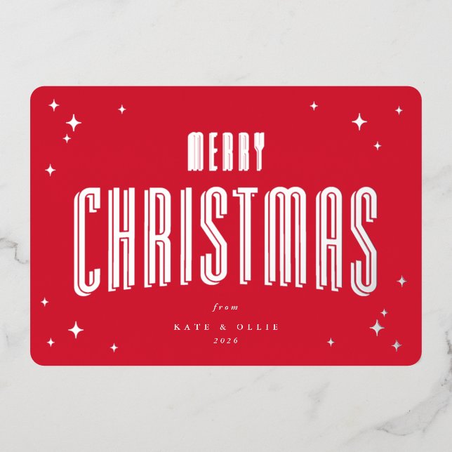 Bright Red Merry Christmas Retro Stars Flat Foil Holiday Card (Front)