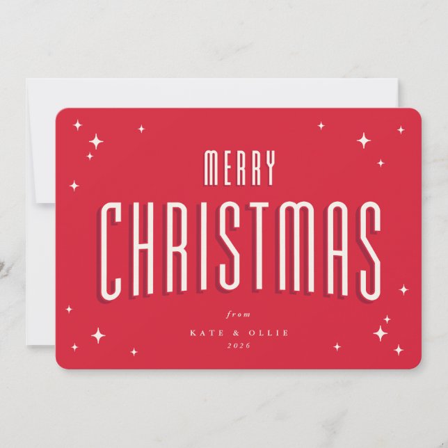 Bright Red Merry Christmas Retro Stars Flat Holiday Card (Front)