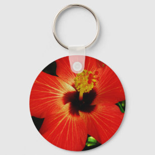 Bright Red Orange Hibiscus Flower Key Ring