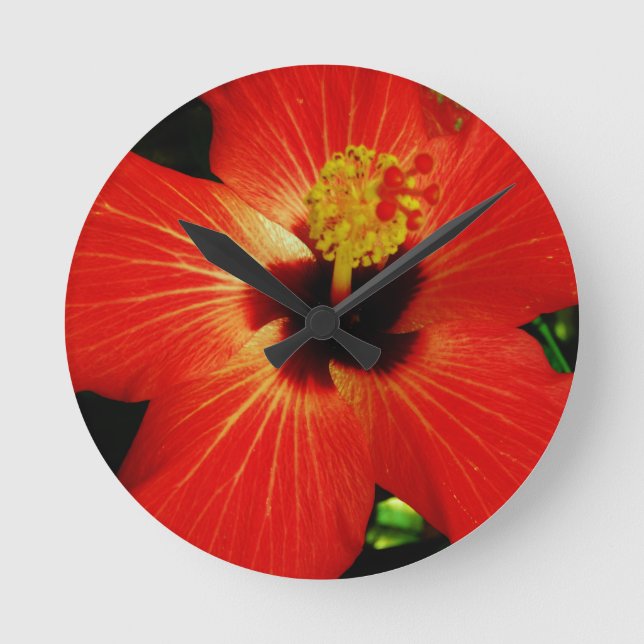 Bright Red Orange  Hibiscus Flower Round Clock (Front)