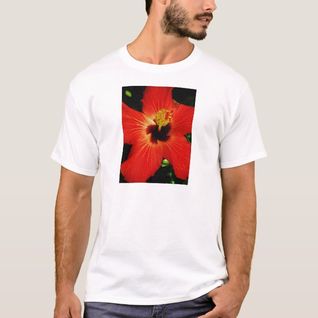 Bright Red Orange  Hibiscus Flower T-Shirt (Front)