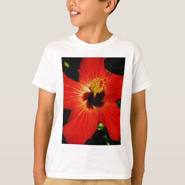 Bright Red Orange  Hibiscus Flower T-Shirt (Front)