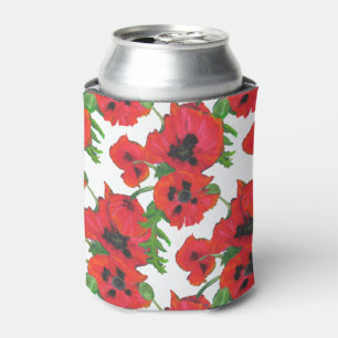 Bright Red Oriental Poppies Pattern on White Can Cooler
