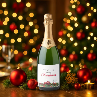 Bright Red Ornaments Modern Christmas Sparkling Wine Label