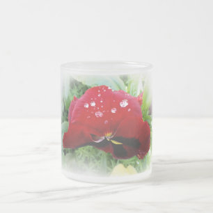 Bright red pansy frosted glass coffee mug