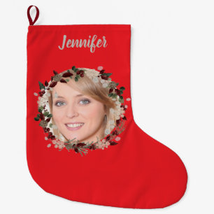 Bright red photo wreath and named  large christmas stocking