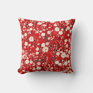 Bright Red Pillow with White and Pink Flowers