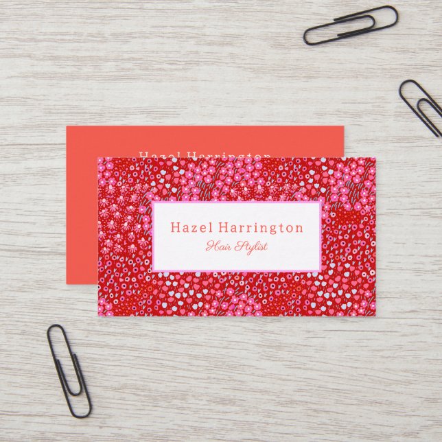 Bright Red Pink Floral Business Card Hair Stylist (Front/Back In Situ)
