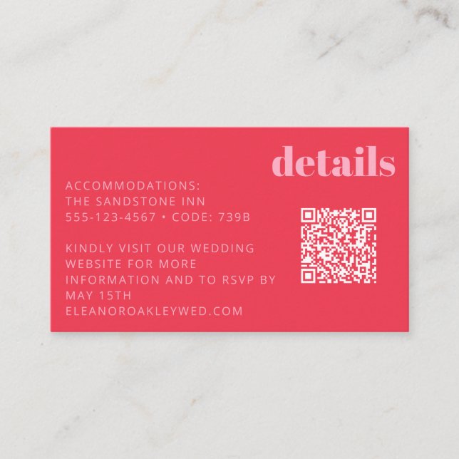 Bright Red Pink Modern Wedding Details QR Code Enclosure Card (Front)