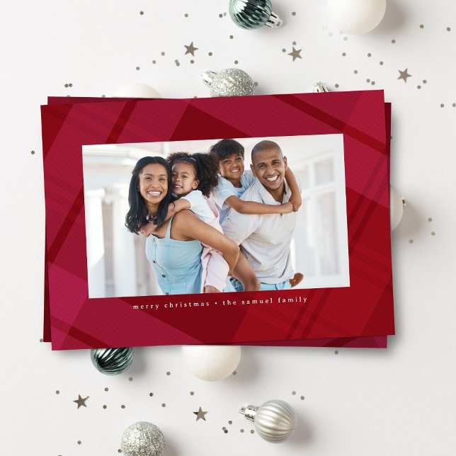 Bright red pink plaid simple Christmas two photo Holiday Card (Creator Uploaded)