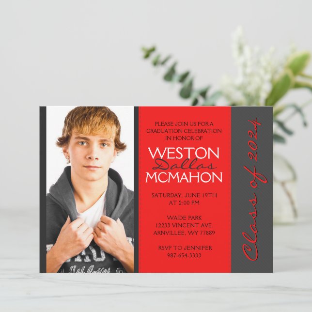 Bright Red & Pinstripe Grey Photo Graduation Invitation (Standing Front)