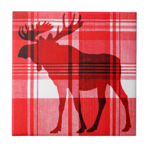 Bright red plaid moose rustic ceramic tile