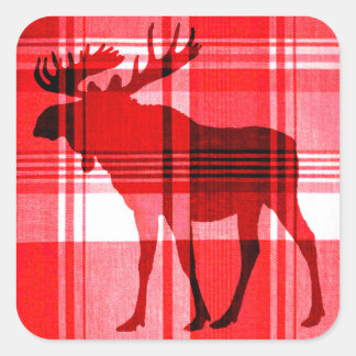 Bright red plaid moose rustic square stickers