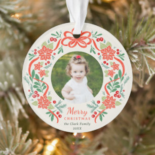 Bright Red Poinsettia and Greenery Christmas Photo Ornament