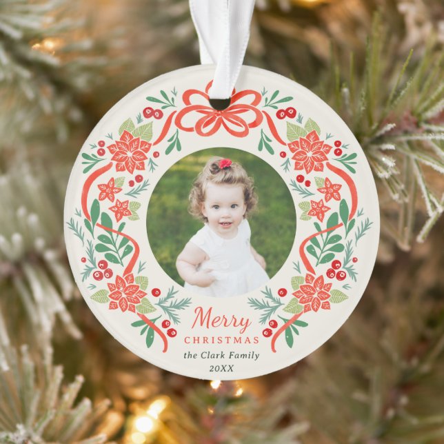 Bright Red Poinsettia and Greenery Christmas Photo Ornament (Tree)