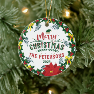 Bright Red Poinsettia Christmas Family Wreath Ceramic Tree Decoration