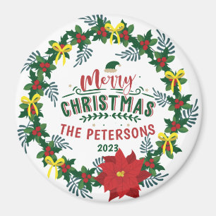 Bright Red Poinsettia Christmas Family Wreath Magnet