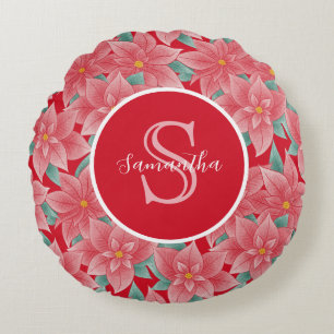 Bright Red Poinsettia Personalised Monogram Round Cushion