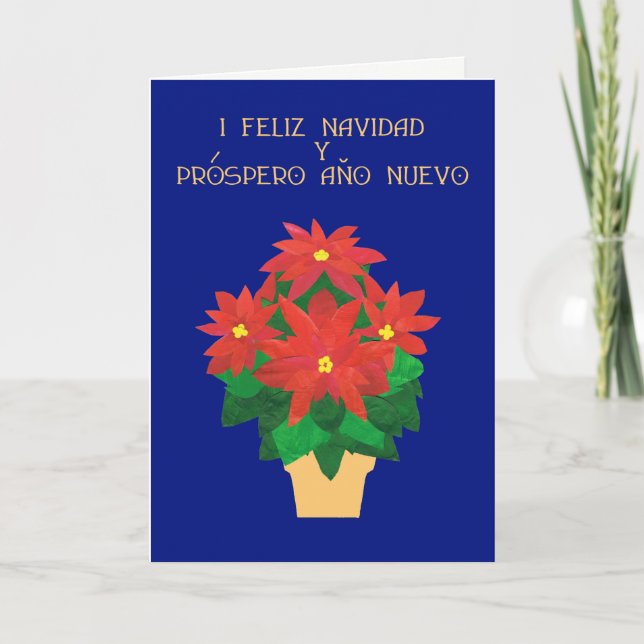 Bright Red Poinsettias Spanish Greeting Holiday Card (Front)