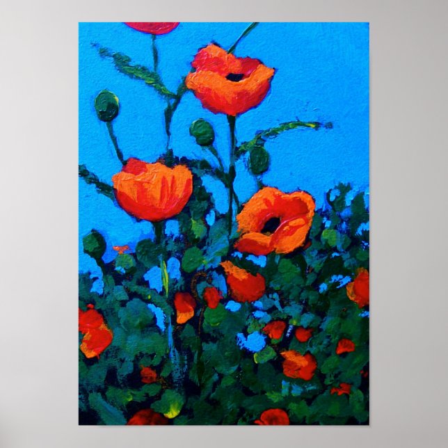 Bright Red Poppies: Blue Sky: Oil Painting Poster (Front)
