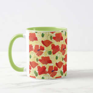 Bright Red Poppies Pattern on Cornfield Yellow Mug
