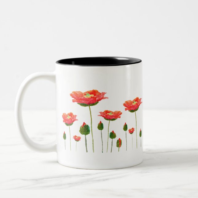 bright red poppies Two-Tone coffee mug (Left)
