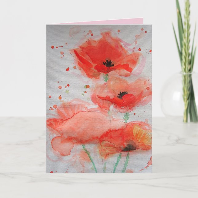 Bright Red Poppies Watercolor Birthday Card (Front)