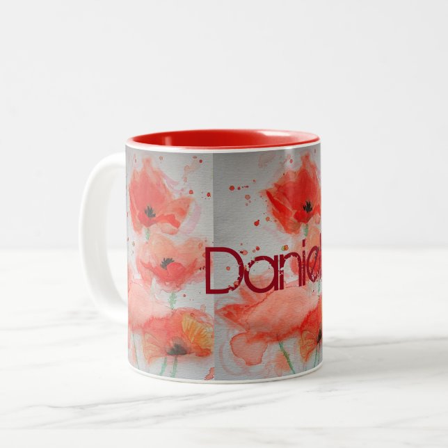 Bright Red Poppies Watercolour Birthday Floral Mag Two-Tone Coffee Mug (Front Left)