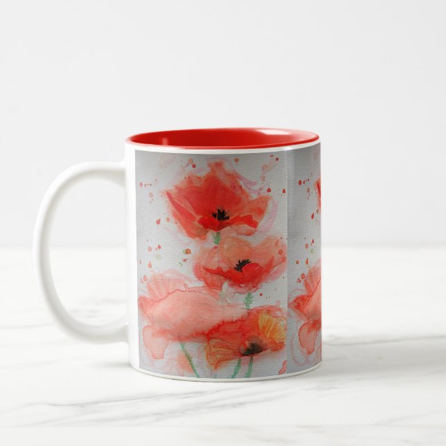 Bright Red Poppies Watercolour Birthday Floral Mag Two-Tone Coffee Mug (Left)
