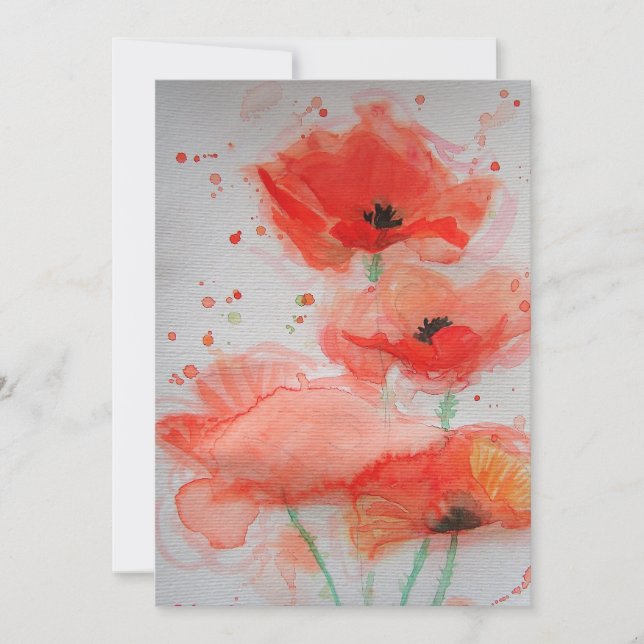Bright Red Poppies Watercolour Flat Birthday Card (Front)