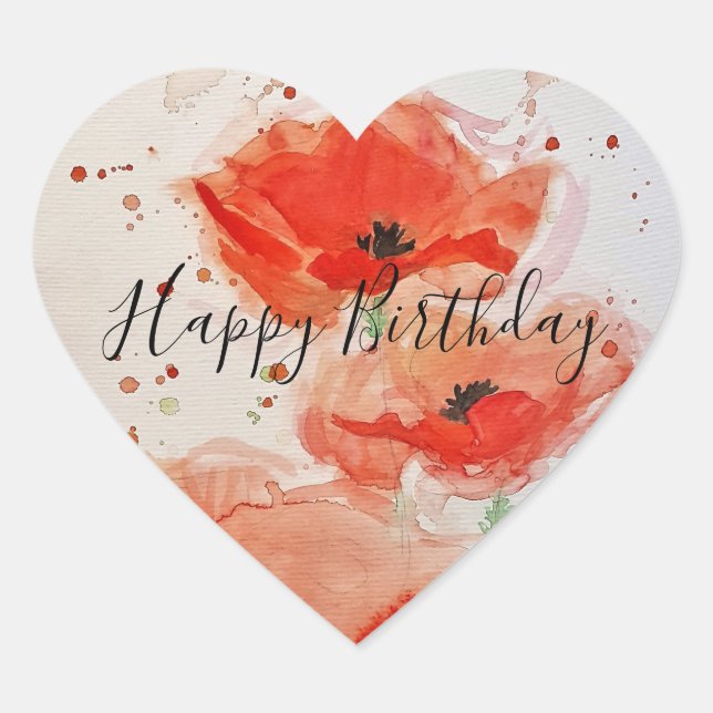 Bright Red Poppies Watercolour Flat Birthday Card  Heart Sticker (Front)