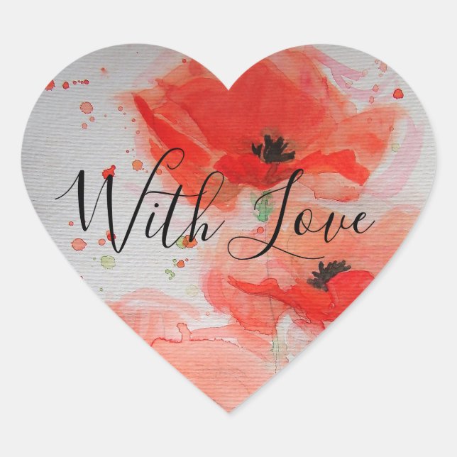 Bright Red Poppies Watercolour Flat Birthday Card  Heart Sticker (Front)