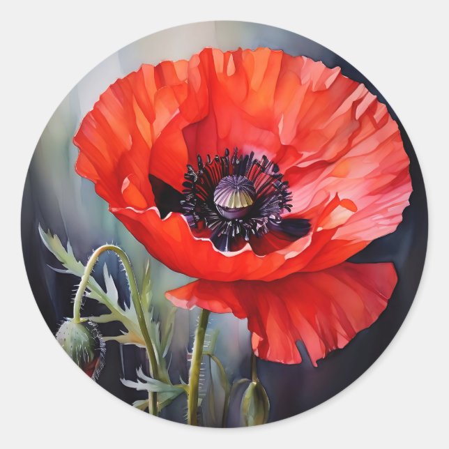 Bright Red Poppy with Dark Centre Classic Round Sticker (Front)