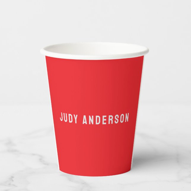 Bright Red Professional Plain Modern Elegant Name Paper Cups (Front)