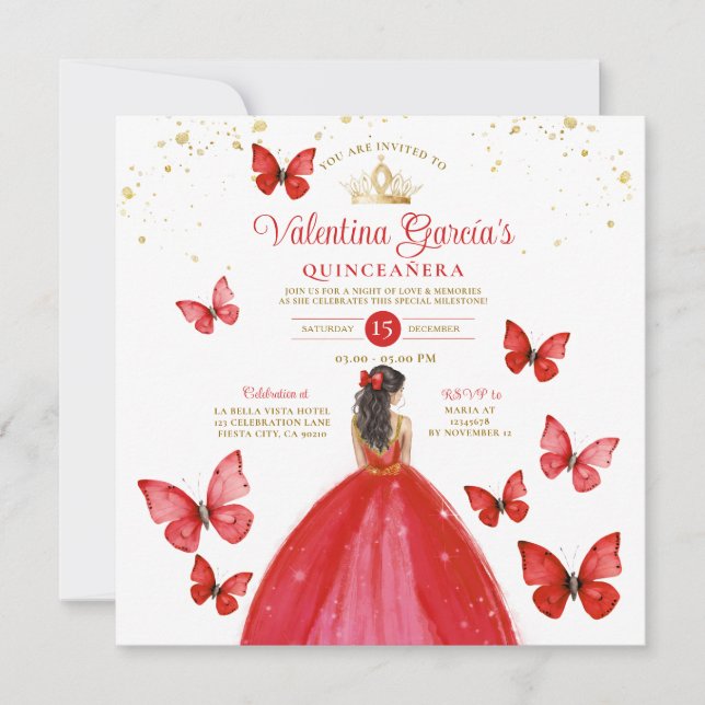 Bright Red Quinceañera 15 Anos Butterfly Gold Invitation (Front)