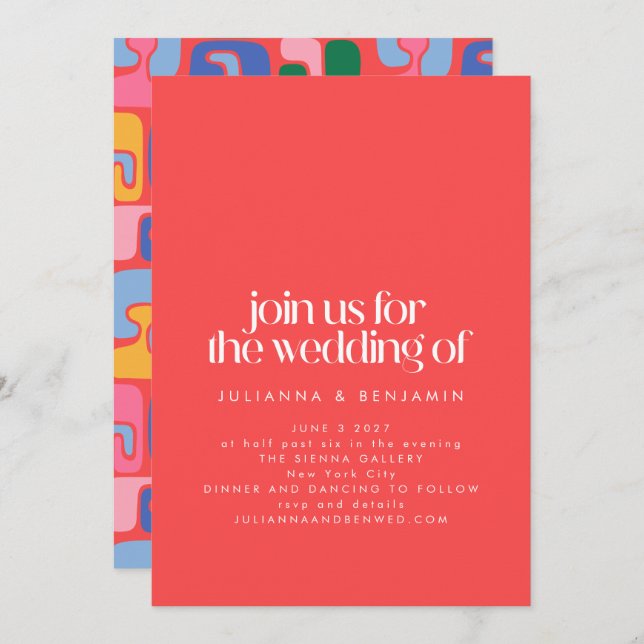 Bright Red Retro Cool Abstract Shapes Art Wedding Invitation (Front/Back)