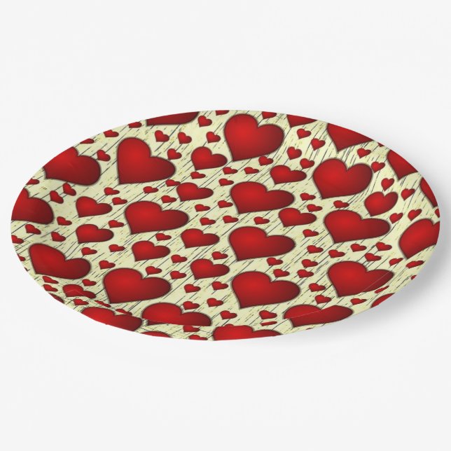 Bright Red Romantic Hearts Pattern Paper Plate (Angled)