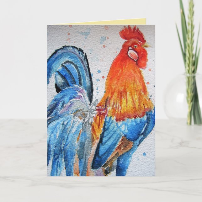 Bright Red Rooster Watercolor Card (Front)