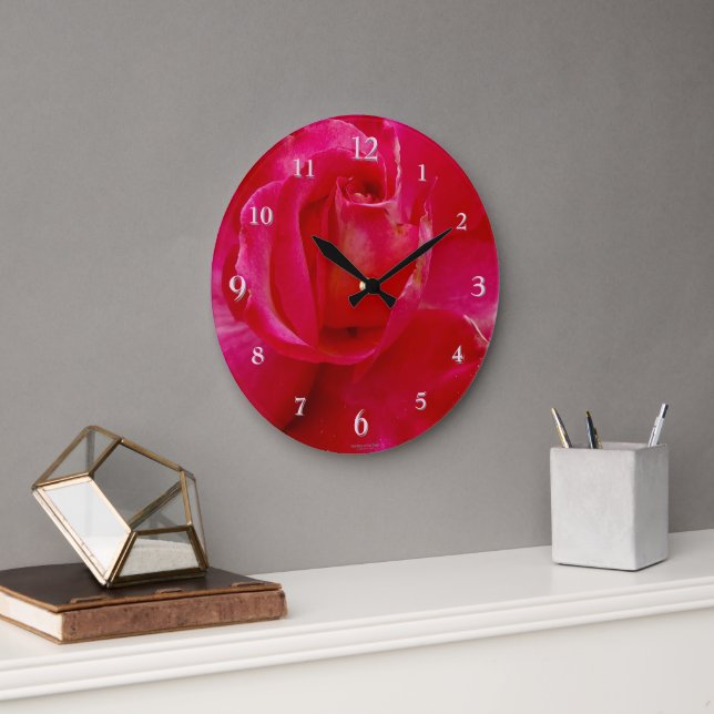 Bright Red Rose Close Up Photograph Large Clock (Office)