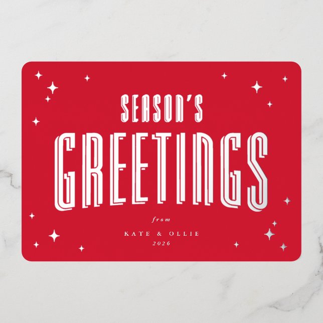 Bright Red Season's Greetings Retro Stars Flat Foil Holiday Card (Front)