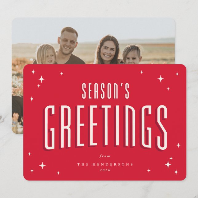 Bright Red Season's Greetings Retro Stars Photo Holiday Card (Front/Back)